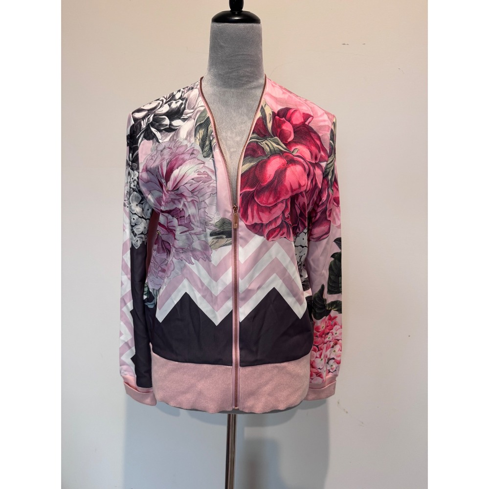 Ted Baker London Pink Floral Chevron Zip Front Bomber Cardigan Sweater Size 3